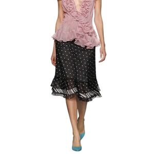 Vintage Y2K Office Chic Mixed Stripe & Polka Dot Chiffon Ruffled Midi Skirt